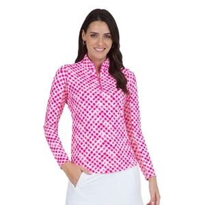 IBKUL NWT Top Womens L Pink Gingham Check Quarter Zip Mock Neck UPF 50+ Golf